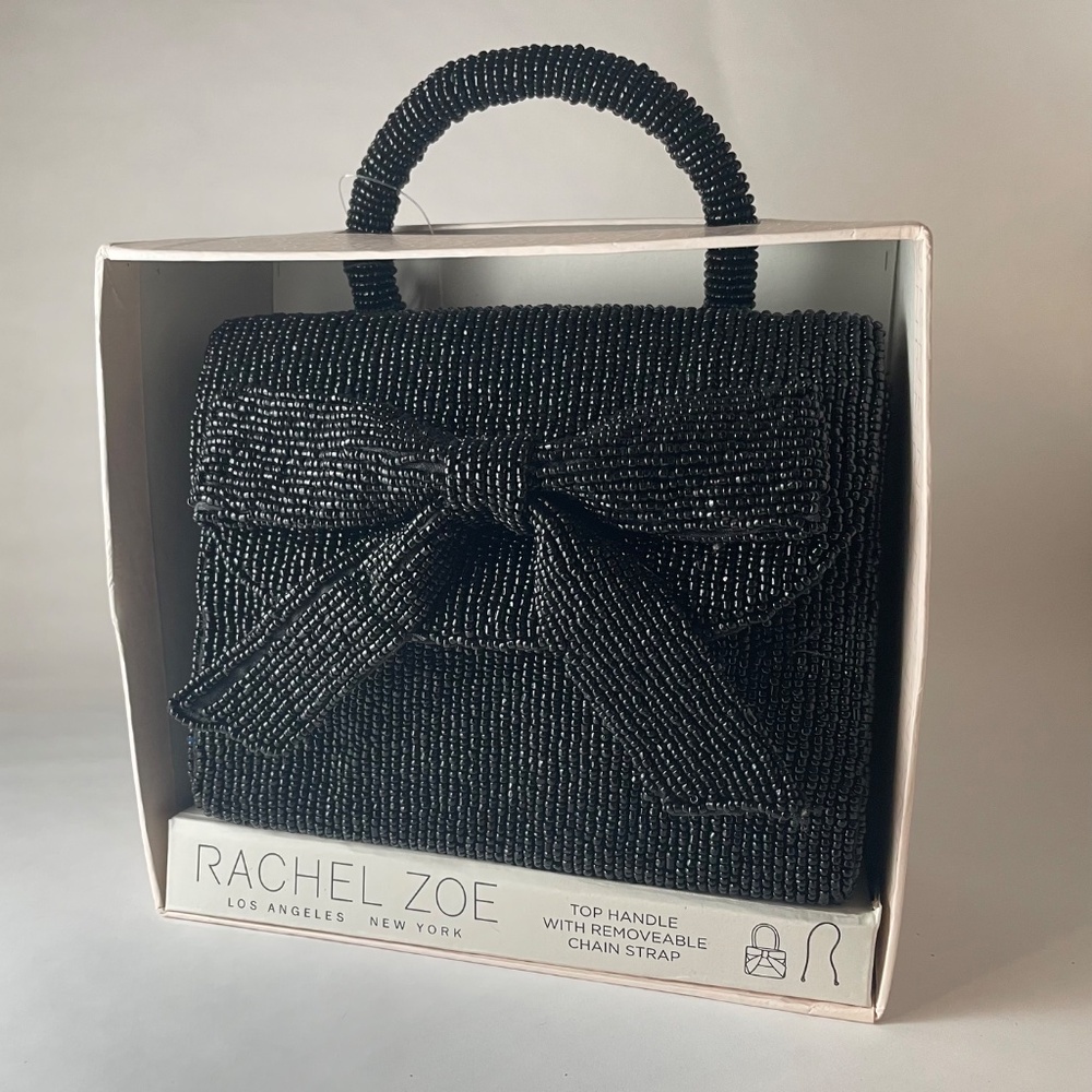 Rachel Zoe Black Beaded Handle Bag / Clutch w Removable Chain Strap Boxed Gift - Picture 2 of 6